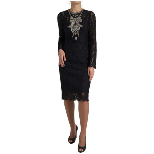 Dolce & Gabbana Black Nylon Lace Embellished Sheath Dress black-nylon-lace-embellished-sheath-dress