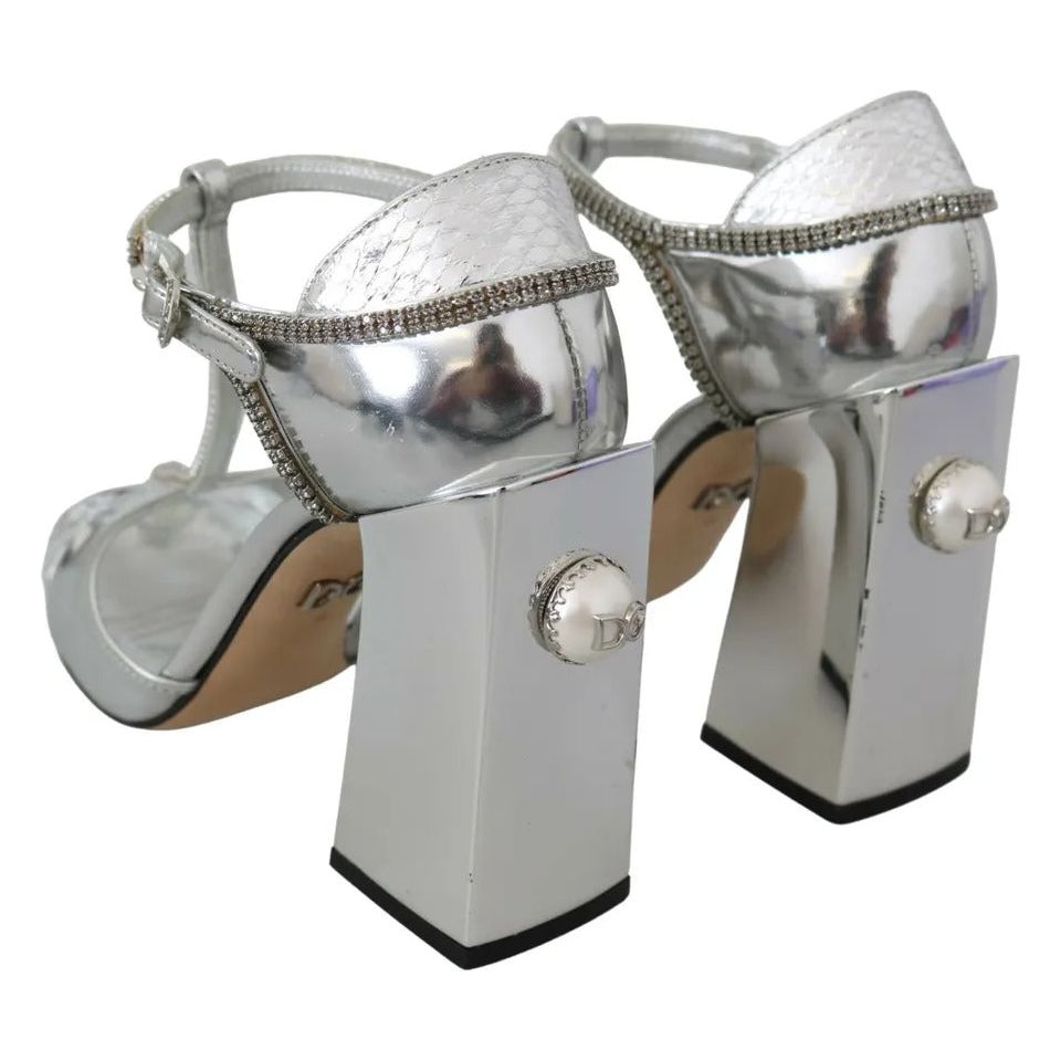 Silver Crystals T-strap Sandals Leather Shoes