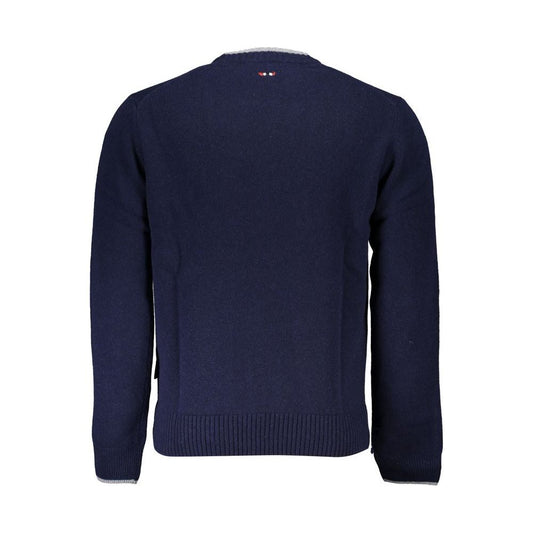 Sleek Blue Crew Neck Embroidered Sweater