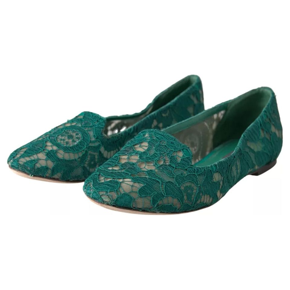 Green Floral Lace Loafers Flats Shoes