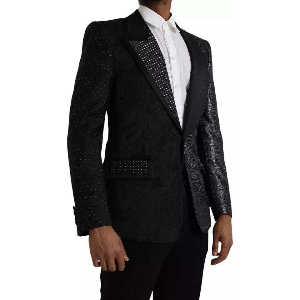Dolce & Gabbana Black Silver Silk Single Breasted Coat Blazer black-silver-silk-single-breasted-coat-blazer
