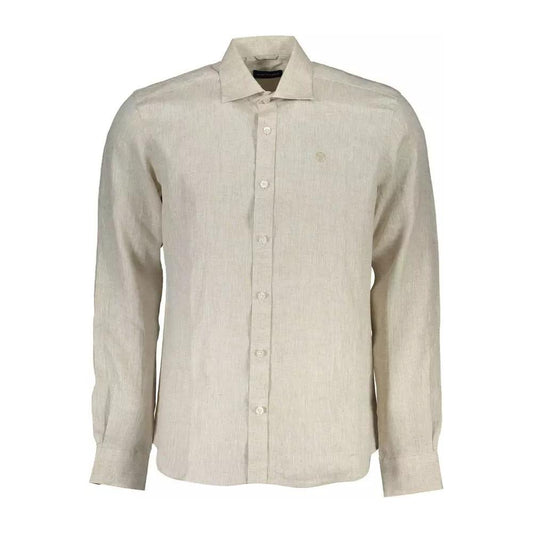 Beige Linen Italian Collar Shirt with Logo Embroidery