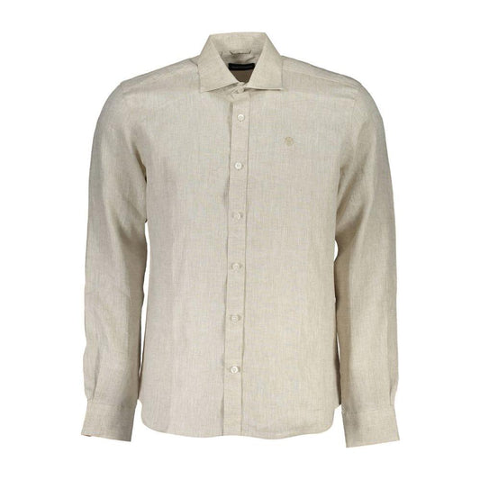 Beige Linen Italian Collar Shirt with Logo Embroidery