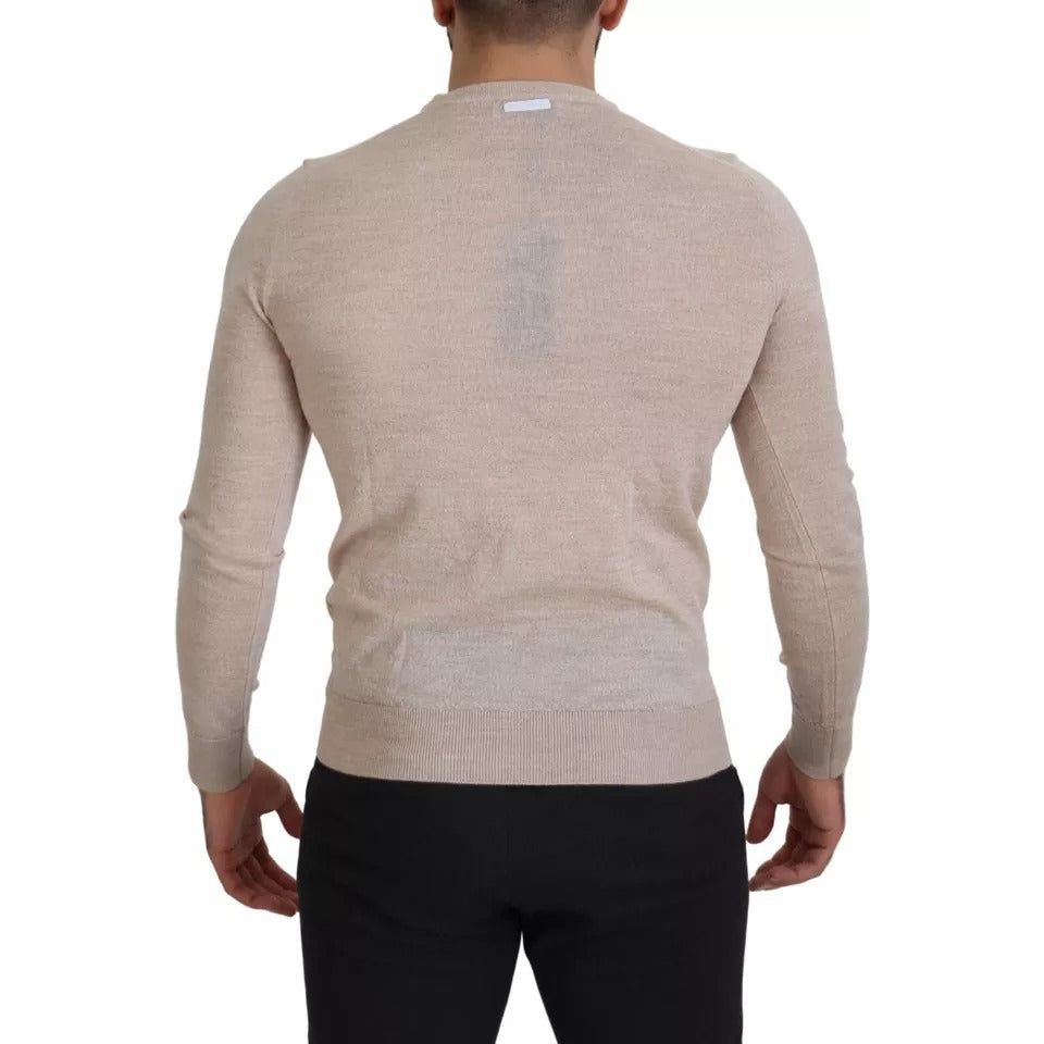 Beige Virgin Wool Crew Neck Pullover Sweater