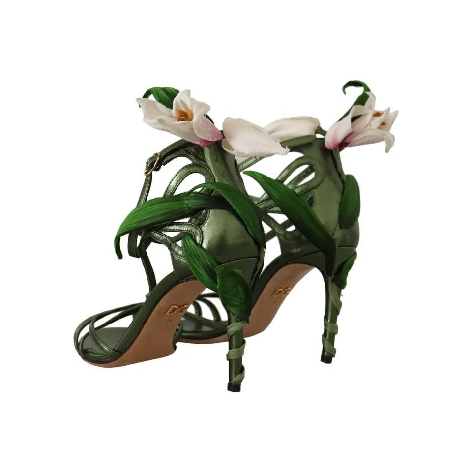 Acid Green Leather Strappy Flower Heels Sandals Shoes