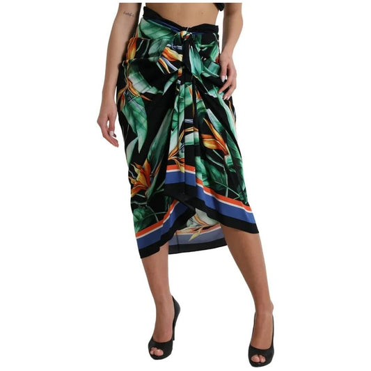 Black Strelitzia High Waist Wrap Midi Skirt