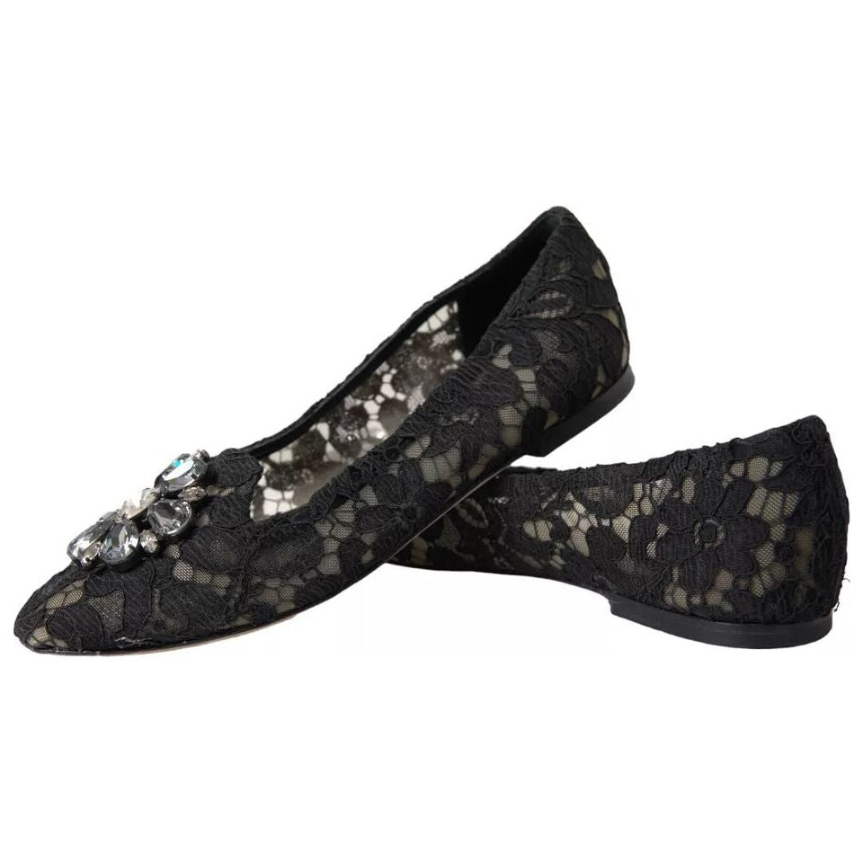 Black Taormina Lace Crystals Flats Shoes