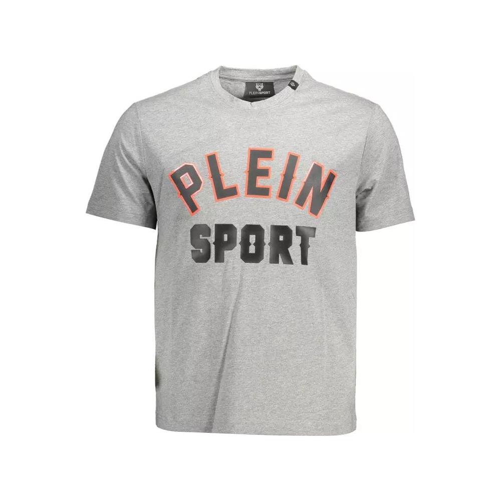 Plein Sport | Sleek Gray Cotton Tee with Bold Details| McRichard Designer Brands   