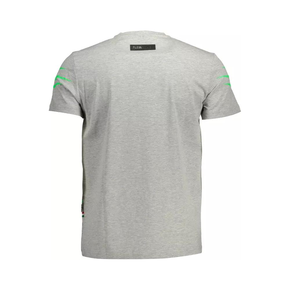 Plein Sport | Sleek Gray Crew Neck Logo Tee with Contrasting Details| McRichard Designer Brands   