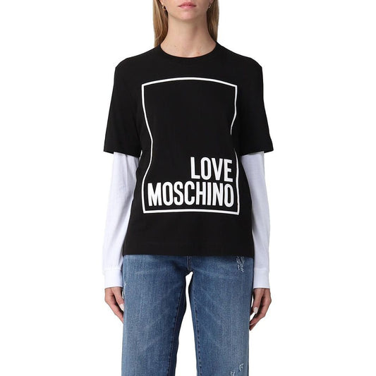 Love Moschino Elegant Black Cotton Tee with Faux-Leather Logo elegant-black-cotton-tee-with-faux-leather-logo