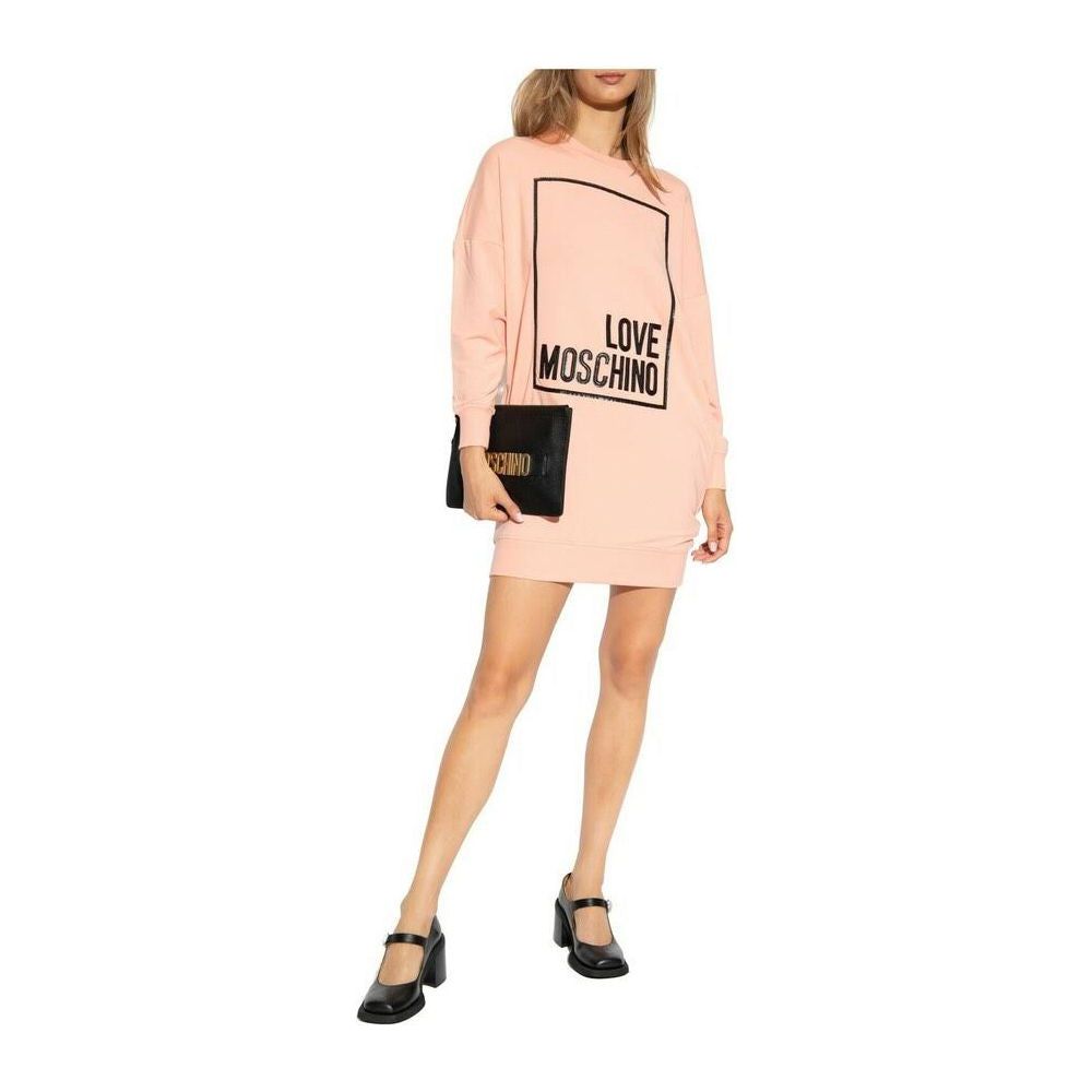 Love Moschino Chic Pink Sweatshirt Dress with Eco-Leather Logo chic-pink-sweatshirt-dress-with-eco-leather-logo