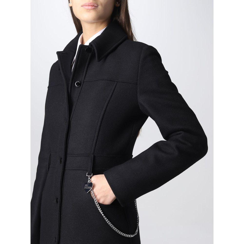 Love Moschino Elegant Black Wool Coat with Silver Chain Detail elegant-black-wool-coat-with-silver-chain-detail