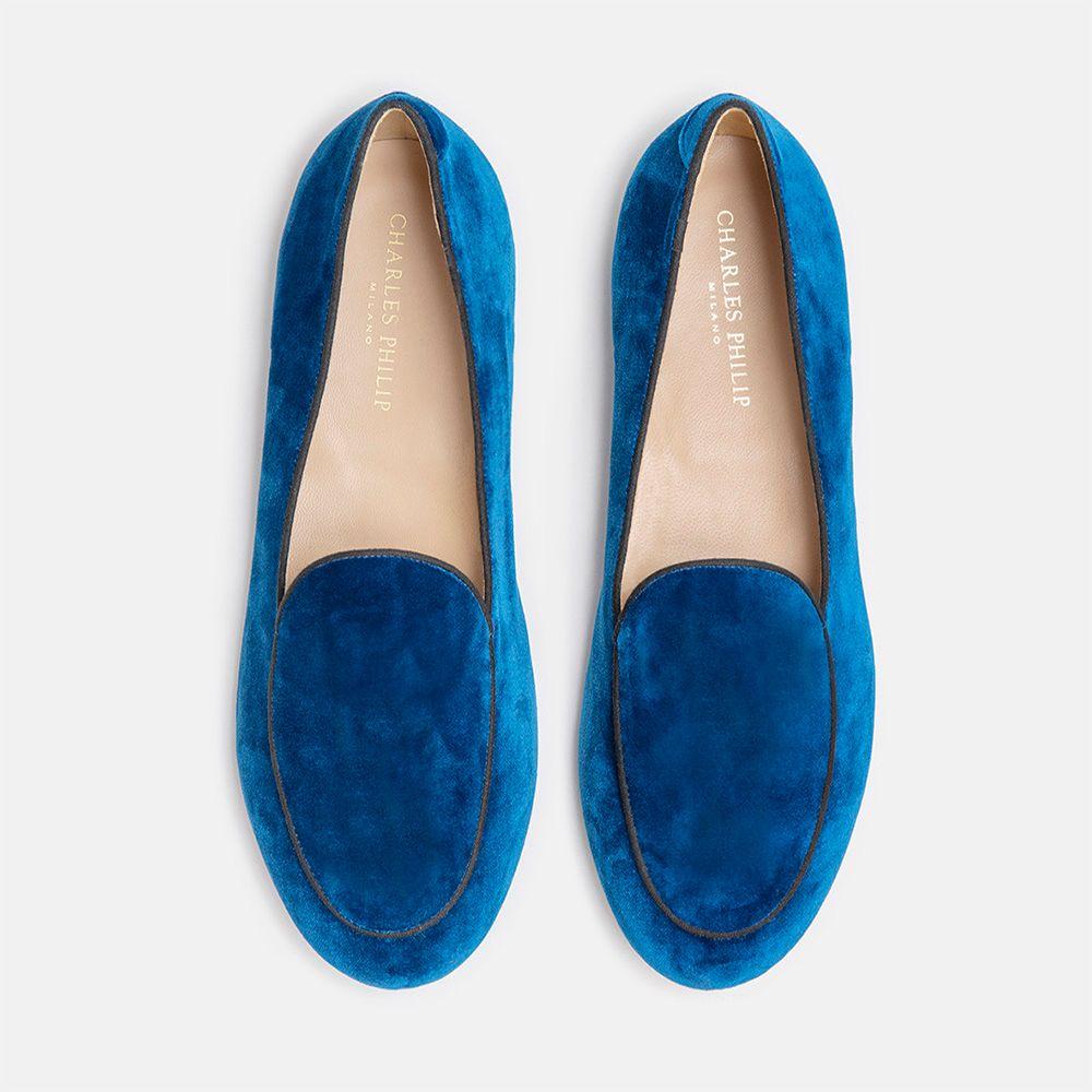 Charles Philip Elegant Velvet Matteo Moccasins blue-leather-flat-shoe