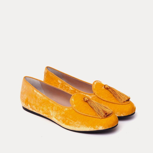 Charles Philip Elegant Velvet Yellow Flats with Tassel Detail yellow-leather-loafer