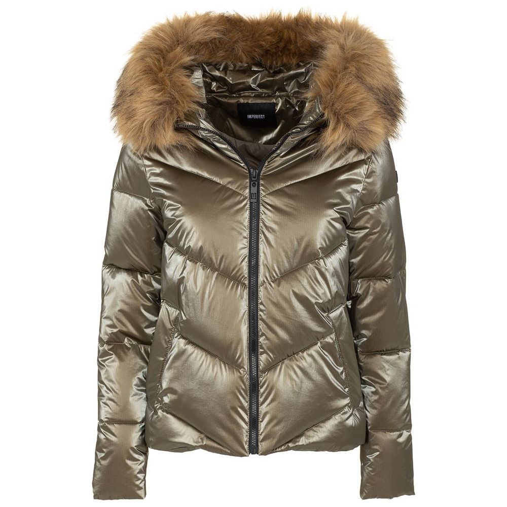 Eco-Fur Hooded Down Jacket in Brown