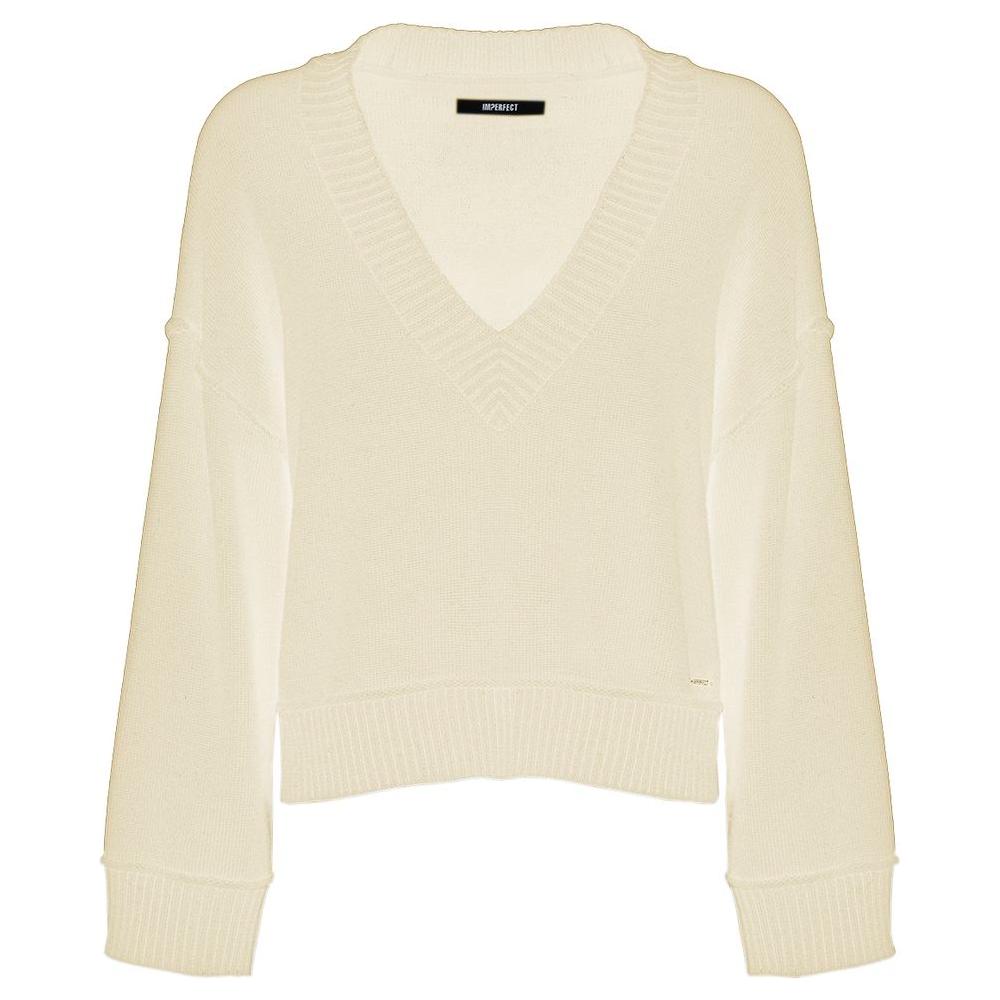 Imperfect Chic Beige V-Neck Wool Blend Sweater white-polyester-sweater-3