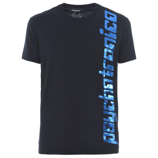 Sleek Black Cotton Tee with Bold Blue Accent