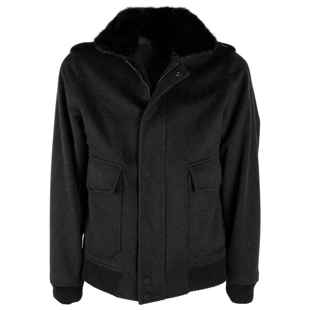 Made in Italy Elegant Virgin Wool Men's Bomber with Fur Collar black-wool-vergine-jacket