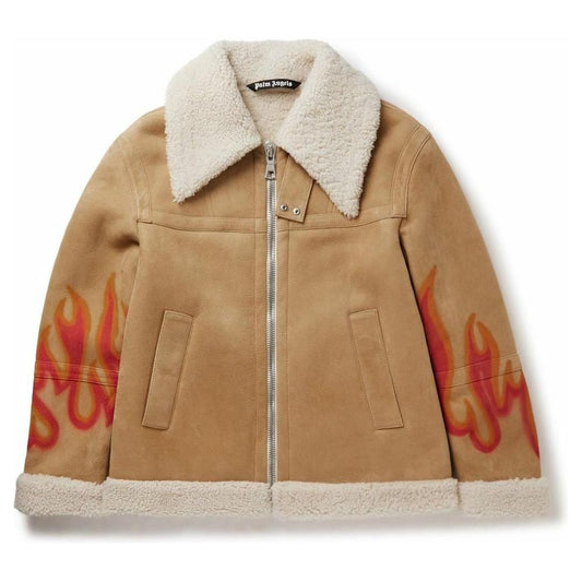 Palm Angels Flame Accented Suede Shearling Jacket beige-leather-jackets-coat-1