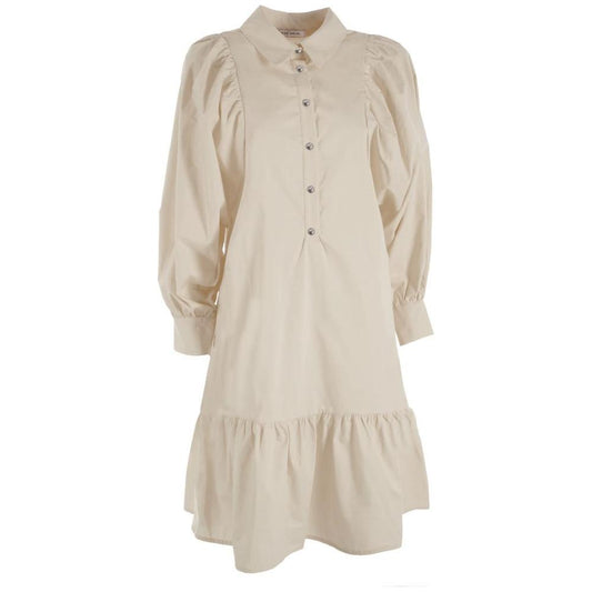 Beige Cotton Dress with Gathered Sleeves