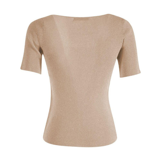 Yes Zee Chic Beige Rib-knit Short Sleeve Top beige-viscose-sweater-1