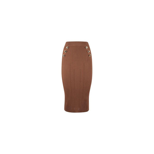 Yes Zee Elegant Pencil Skirt with Decorative Buttons brown-viscose-skirt-1