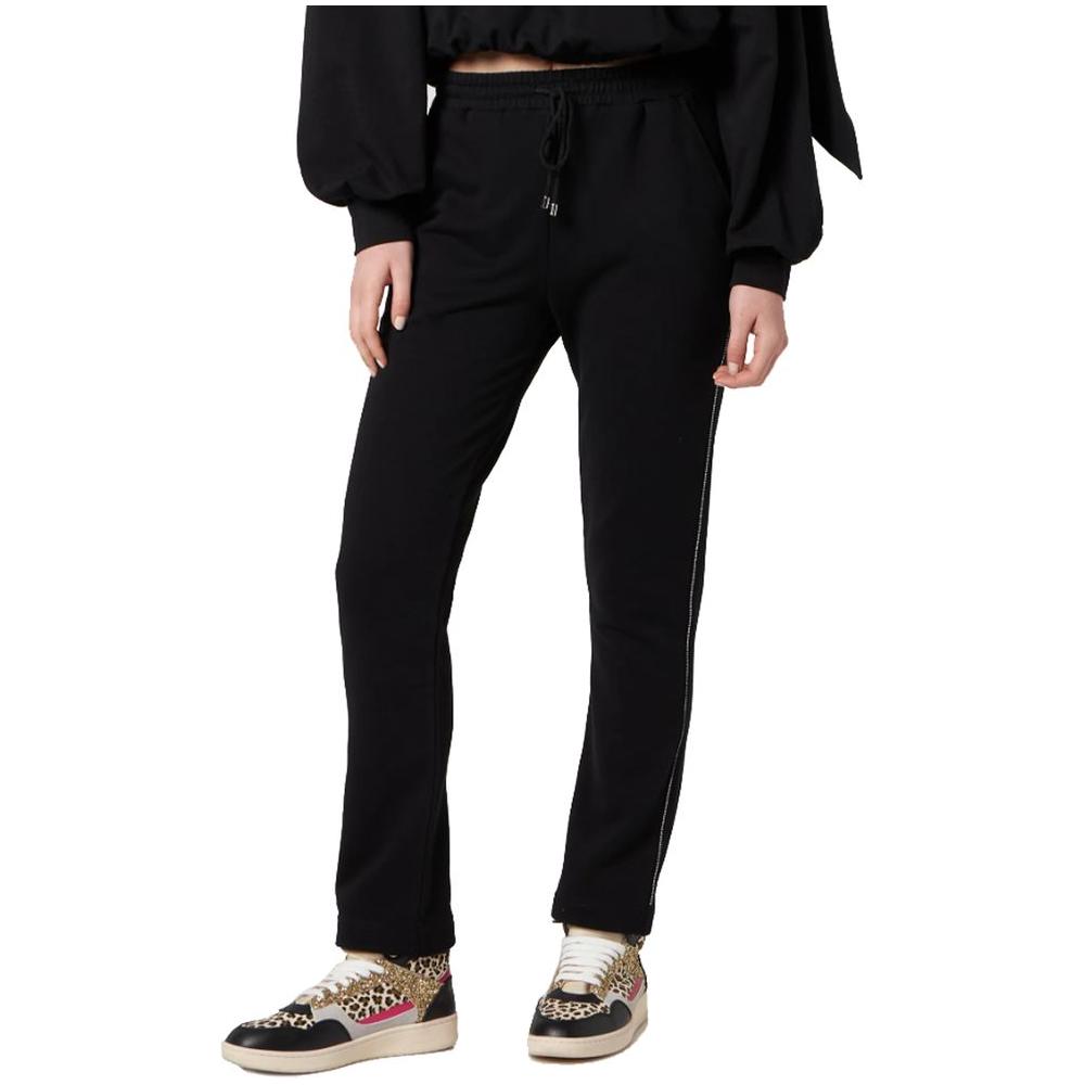 Patrizia Pepe Elegant Cotton Sweatpants with Rhinestone Accent black-cotton-jeans-pant-24