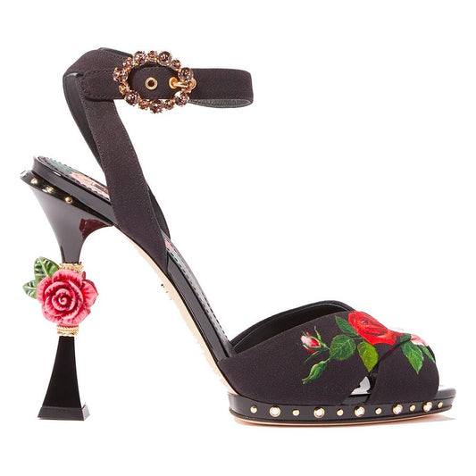 Dolce & Gabbana | Elegant Black Calfskin Floral Sandals| McRichard Designer Brands   