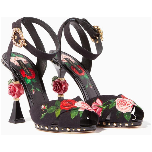 Dolce & Gabbana | Elegant Black Calfskin Floral Sandals| McRichard Designer Brands   