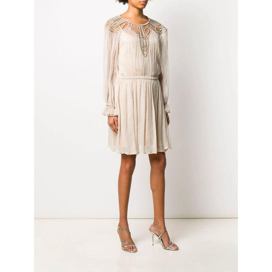 Alberta Ferretti | Elegant Beige Silk Panel Dress with Long Sleeves| McRichard Designer Brands   