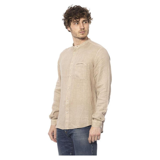 Distretto12 | Elegant Beige Mandarin Collar Linen Shirt| McRichard Designer Brands   
