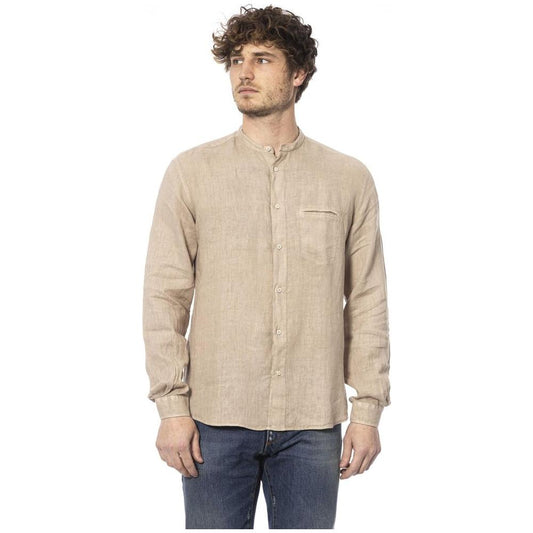 Distretto12 | Elegant Beige Mandarin Collar Linen Shirt| McRichard Designer Brands   