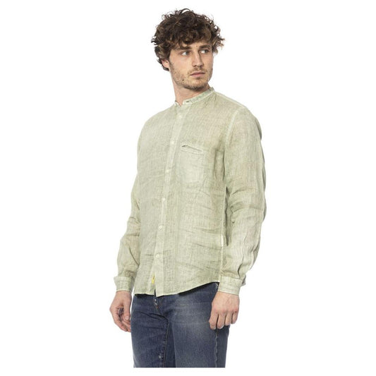 Distretto12 | Elegant Green Linen Shirt with Mandarin Collar| McRichard Designer Brands   