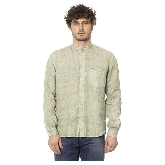 Distretto12 | Elegant Green Linen Shirt with Mandarin Collar| McRichard Designer Brands   