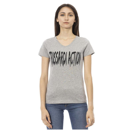 Trussardi Action Elegant Gray V-Neck Tee with Chic Print gray-cotton-tops-t-shirt-4