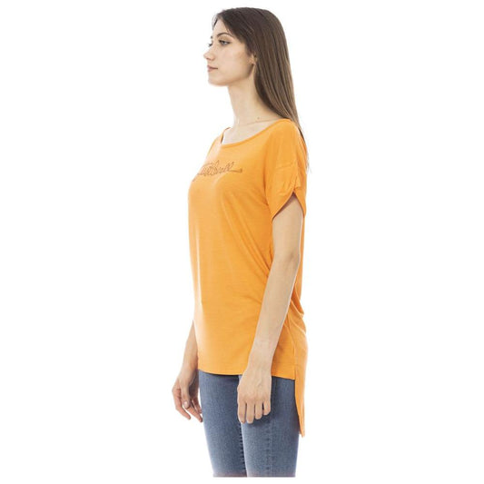 Just Cavalli | Chic Orange Rhinestone Logo Tee| McRichard Designer Brands   