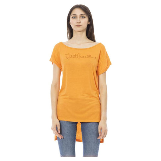 Just Cavalli | Chic Orange Rhinestone Logo Tee| McRichard Designer Brands   