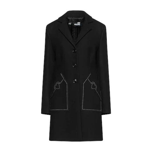 Chic Wool Blend Black Coat with Heart Detail