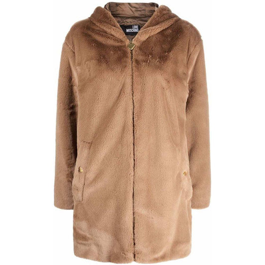 Love Moschino Elegant Beige Faux Fur Hooded Coat beige-polyester-jackets-coat