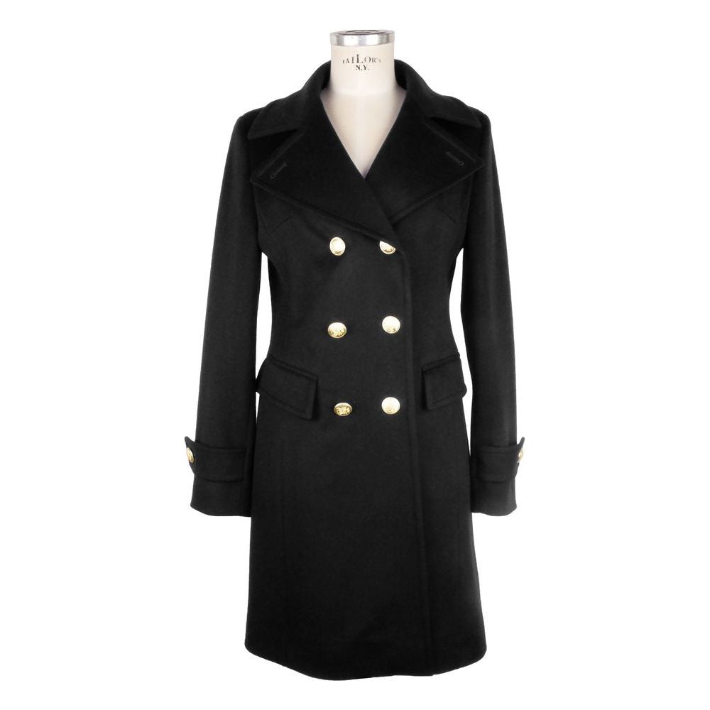 Made in Italy Elegant Black Woolen Coat with Gold Buttons black-virgin-wool-jackets-coat-5