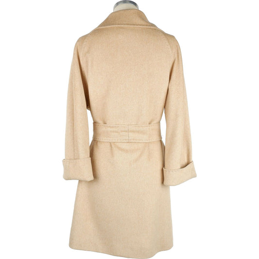 Made in Italy | Elegant Beige Wool Coat with Waist Belt| McRichard Designer Brands   