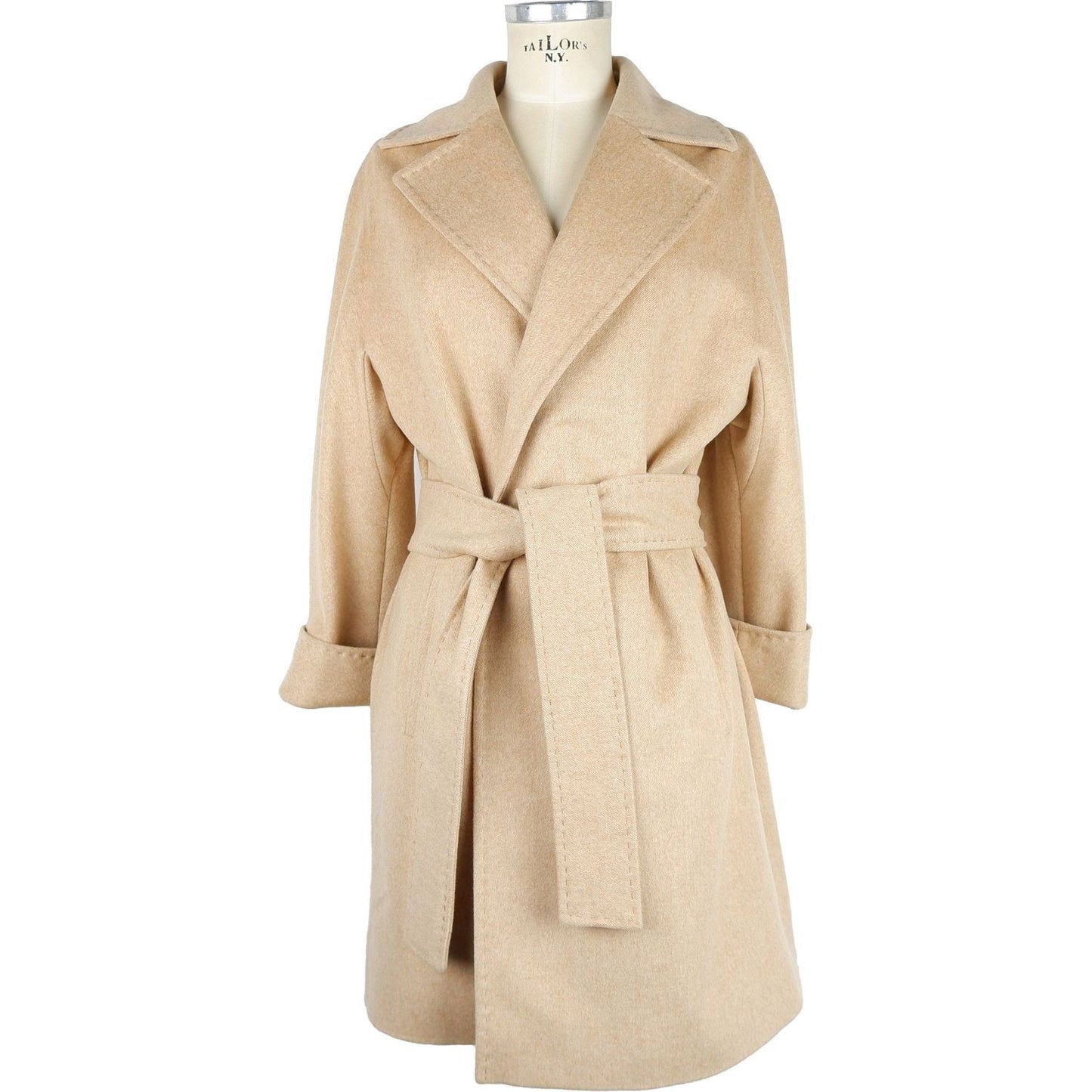 Made in Italy Elegant Beige Wool Coat with Waist Belt beige-vergine-wool-coat