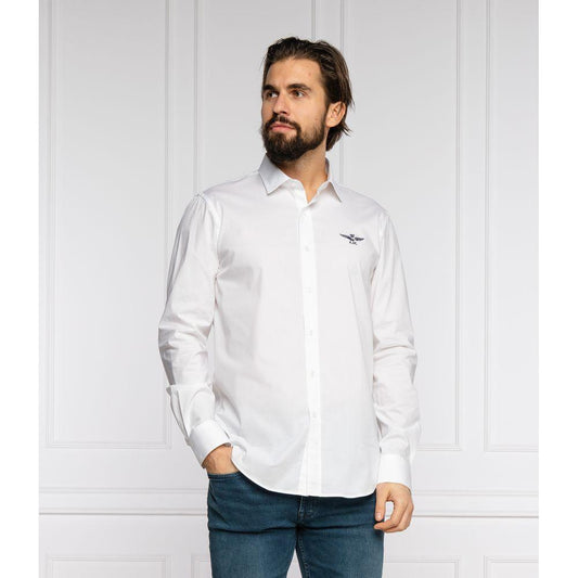 Slim Fit White Cotton Shirt with Eagle Logo