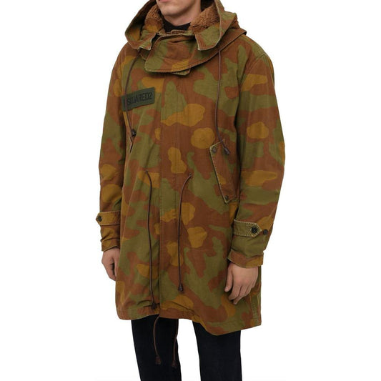 Camo Textured Hooded Parka with Leather Details