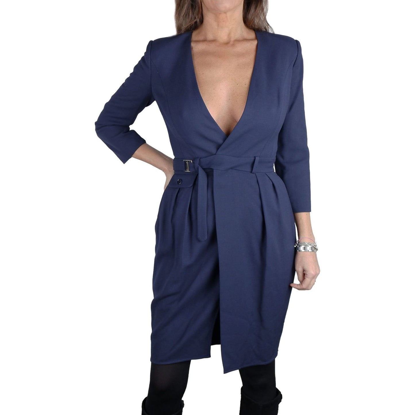Elisabetta Franchi Elegant V-Neck Belted Dress in Blue elegant-v-neck-belted-dress-in-blue