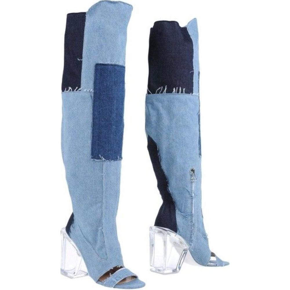 Off-White Chic Vintage Denim & Transparent Heel Boots chic-vintage-denim-transparent-heel-boots
