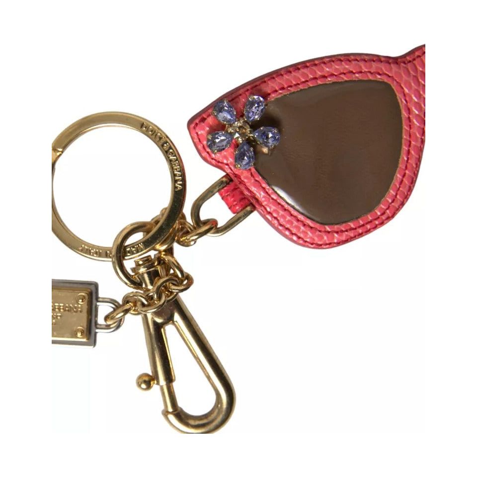 Red Leather Crystal Sunglasses Gold Metal Keyring Keychain
