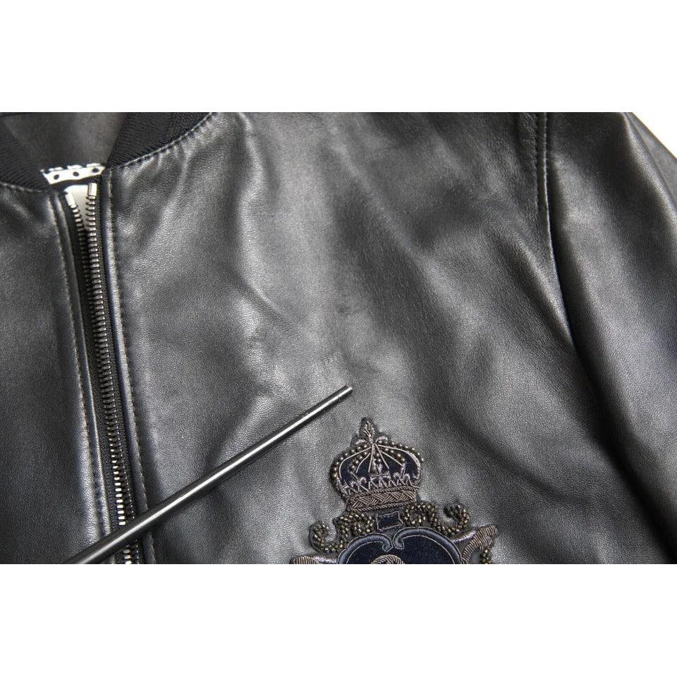 Black Leather Logo Embroidery Full Zip Jacket