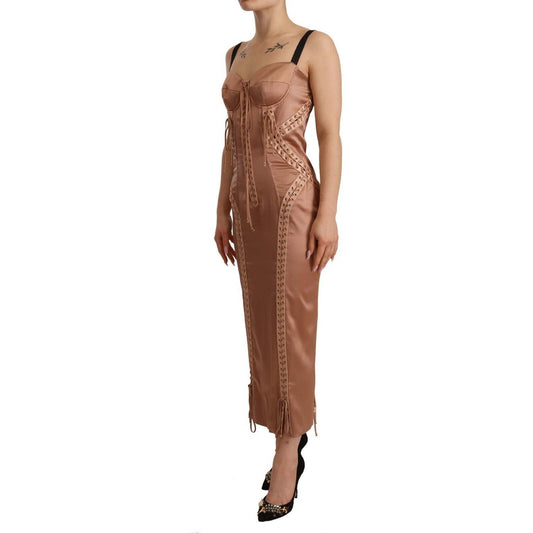 Elegant Beige Corset Midi Silk Dress