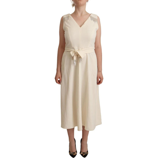 McRichard Designer Brands Sleeveless V-Neck A-Line Dress in Off White sleeveless-v-neck-a-line-dress-in-off-white